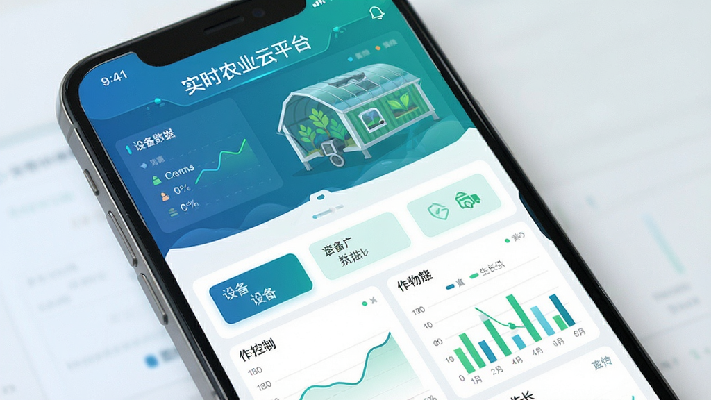 智慧农业云平台手机应用主界面预览图,展示实时数据看板、设备控制按钮和作物生长图表,布局简洁清晰,蓝绿色科技风格,界面干净无多余元素,画质高清