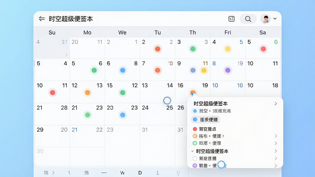 画面主体为“时空超级便签本”应用的日历同步界面,日历网格中不同日期上分布着彩色圆点标记,点击某一天后下方弹出该日期的便签列表。整体布局为日历在上、列表在下,背景为浅蓝色渐变,风格为清爽的扁平化UI设计,细节丰富,画质高清,干净无多余元素。