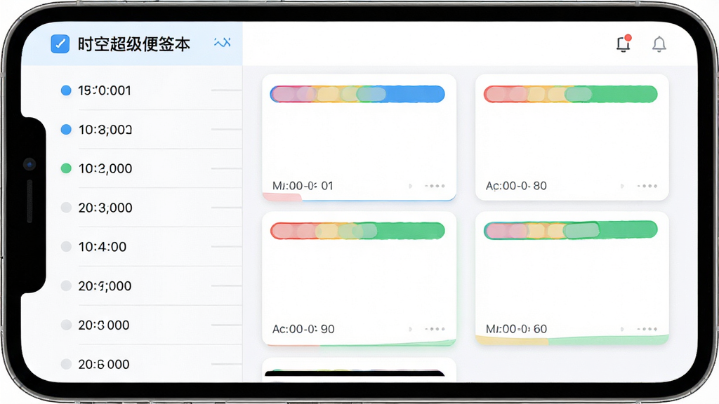 画面主体为“时空超级便签本”应用的时间轴视图截图,左侧为日期列表,右侧为对应便签卡片,卡片顶部有彩色标签条,底部有时间戳。整体布局为上下滚动式,背景为白色,界面元素以蓝色和绿色为主色调,风格为现代简约UI设计,细节清晰,画质高清,干净无多余元素。
