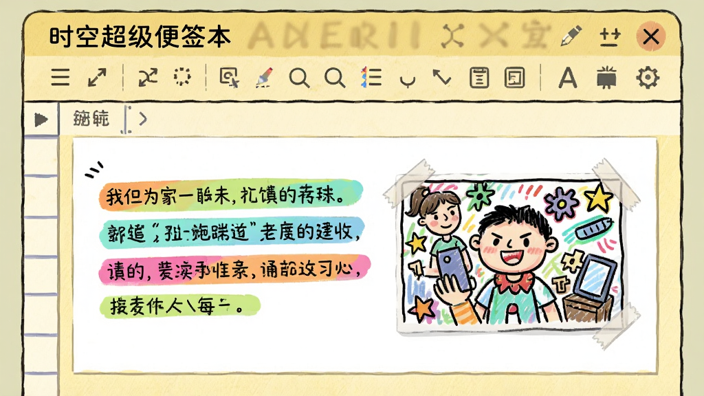 画面主体为“时空超级便签本”的编辑界面,上方是格式工具栏,下方是编辑区域,其中有一段带彩色高亮的文字,旁边插入了一张手绘涂鸦图片,颜色鲜艳。整体布局为上下结构,背景为浅黄色仿纸张纹理,风格为手绘与扁平化结合,细节丰富,画质高清,干净无多余元素。
