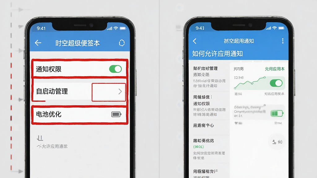 画面主体为一部手机屏幕,屏幕内显示时空超级便签本的设置页面,其中“通知权限”、“自启动管理”、“电池优化”等选项被红色框线标出。旁边还有手机系统设置界面截图,展示如何允许应用通知。整体布局为左右分屏对比,背景为浅灰色,风格为教学示意图,画质清晰,干净无多余元素。