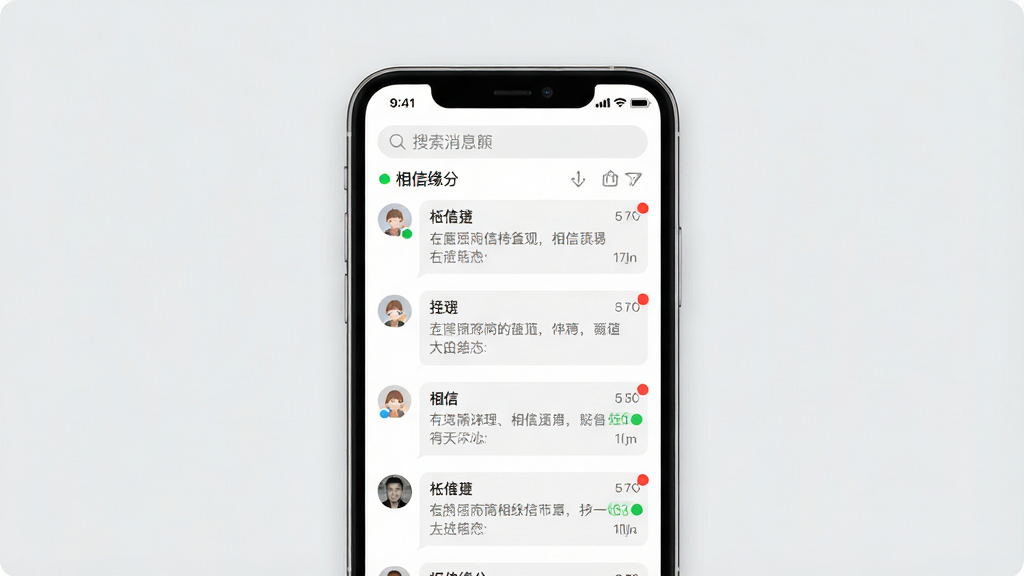 主体:手机屏幕显示“相信缘分”应用的消息列表界面,有绿色在线状态标识。布局:手机居中,背景为浅灰色。排版:消息气泡清晰,状态栏明显。风格:简洁、实用。细节:有未读消息红点,顶部有搜索栏。画质:高清,干净,无多余元素。