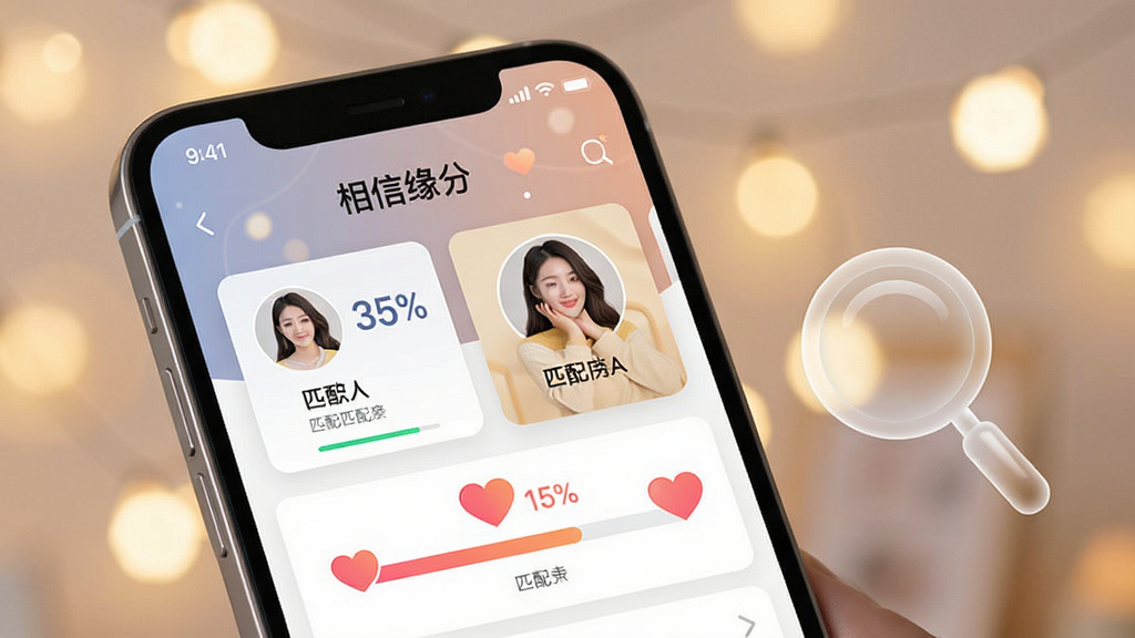 主体:手机界面展示“相信缘分”的匹配结果页,显示两个用户资料卡及匹配度百分比。布局:手机屏幕占主要画面,旁边有放大镜图标。排版:信息层级分明,匹配度数字醒目。风格:科技感与温馨结合。细节:匹配度以心形进度条呈现,背景有模糊光斑。画质:细腻,干净,无多余元素。