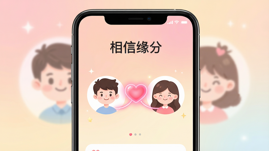 主体:手机屏幕展示“相信缘分”应用界面,界面中有两个卡通人物头像通过粉色爱心连接。布局:手机居中,背景为柔和的渐变色。排版:简洁清晰,突出应用名称“相信缘分”。风格:清新、温暖、现代。细节:爱心发光,人物微笑。画质:高清,干净,无多余元素。