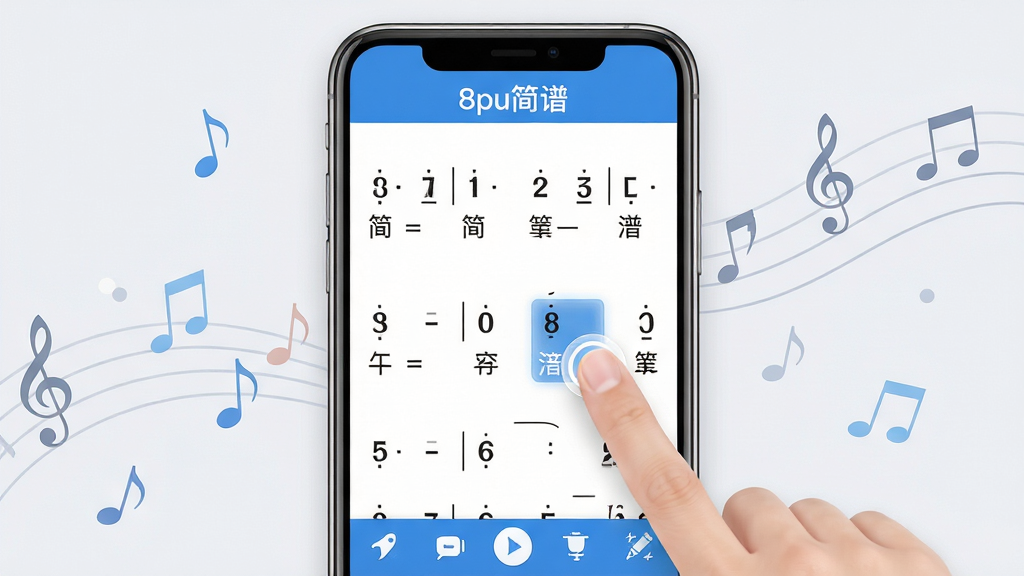 主体:8pu简谱软件界面,展示手机屏幕上的简谱编辑页面,音符符号清晰可见。布局:居中构图,手机屏幕占据画面主体,周围留白,背景为淡雅的浅灰色调,搭配少量音乐元素如音符、五线谱线条点缀。排版:界面中的简谱采用标准排版,音符、节拍线、歌词对齐整齐,上方显示软件名称