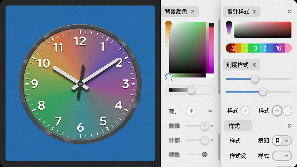���壺Colorfulʱ�ӵ��Զ�����̱༭���棬���ΪԤ�������Ҳ�Ϊ����������塣���֣������ʾһ��Բ��ʱ�ӱ��̣�ָ��ָ��10:10������Ϊ��ɫ���Ҳ��������ɫѡ�������������ʽѡ��Ű棺�������������Ԥ������ռ60%���ȣ��������ռ40%�����пؼ��������롣���רҵ��ƹ��߷�񣬱���Ϊ���ɫ���ؼ�Ϊǳɫ��ϸ�ڣ�������ʾ��ϸС�Ŀ̶��ߺ����֣�ָ�������Ӱ���Ҳ�����С�������ɫ������ָ����ʽ�������̶���ʽ���ȱ�ǩ�����ʣ�������Ⱦ���������࣬�޶���Ԫ�ء�