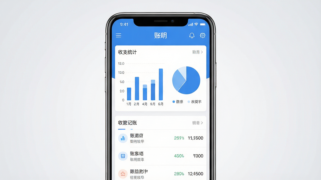 主体:账明软件的主界面展示,一部智能手机屏幕正对镜头,屏幕上清晰显示收支统计图表和记账列表。布局:手机居中,背景为浅灰色渐变,周围留白,突出屏幕内容。排版:屏幕内图表采用简洁的柱状图与饼图组合,下方列出几条收支记录,文字清晰可读。风格:现代扁平化设计,色彩以蓝白为主,界面清爽干净。细节:屏幕顶部显示“账明”字样,数据图表标注具体数字,整体光线均匀。画质:高清渲染,干净无多余元素。