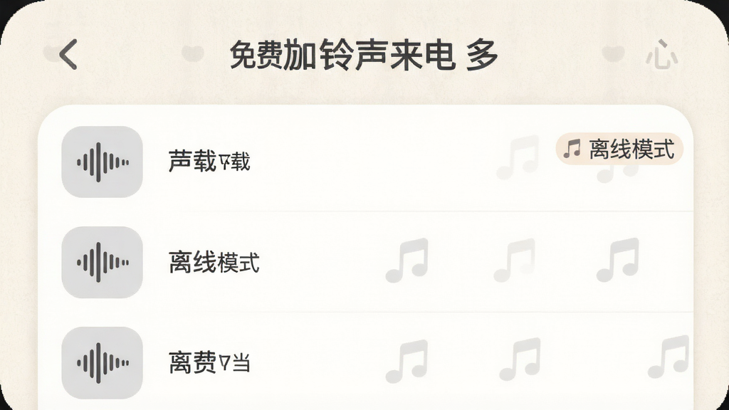 「免费手机铃声来电多」应用的个人中心页面,显示已下载的铃声列表,每条铃声有音乐波形图标,右上角有“离线模式”标志,背景为浅色纹理,整体界面圆润柔和,画质干净,无多余元素