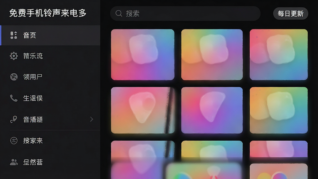 「免费手机铃声来电多」应用的音乐分类界面,左侧为分类菜单,右侧展示歌曲封面墙,封面为彩色渐变色,顶部有搜索栏和“每日更新”标签,背景为深色模式,整体布局清晰,画质细腻干净,无多余元素