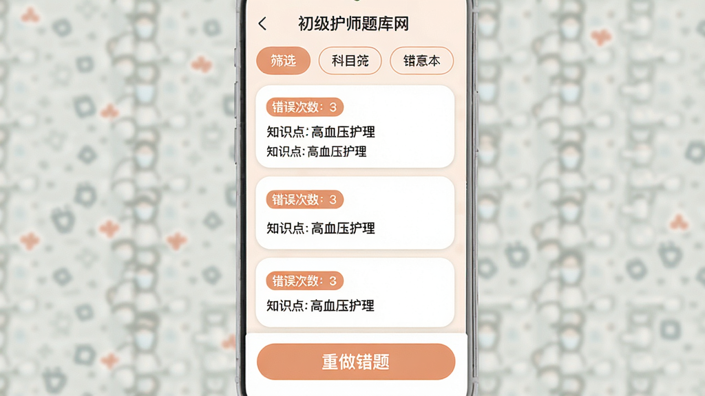 主体:初级护师题库网APP的错题本界面,以列表形式展示错题。布局:顶部有科目筛选标签,中间错题卡片,底部有“重做错题”按钮。排版:简洁的卡片式布局。风格:柔和圆角设计,配色温馨。细节:错题卡片上标有“错误次数:3”“知识点:高血压护理”等。画质:清晰,干净,无多余元素。