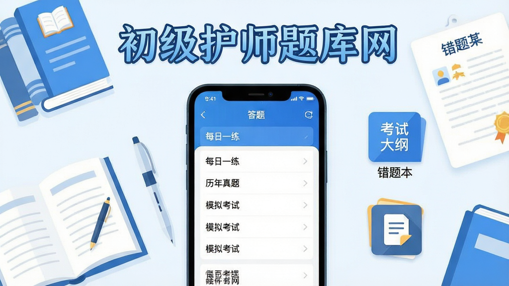 主体:初级护师题库网APP界面展示,手机屏幕上有清晰的题库列表和答题界面,旁边有考试大纲和错题本图标。布局:手机居中,周围点缀书本、笔、成绩单等学习元素。排版:画面简洁,主次分明,APP名称“初级护师题库网”以艺术字置于手机上方。风格:现代扁平化插画风,色彩明快(以蓝色、白色为主)。细节:界面文字清晰,可辨认为“每日一练”“历年真题”“模拟考试”等字样。画质:高分辨率,干净,无多余元素。