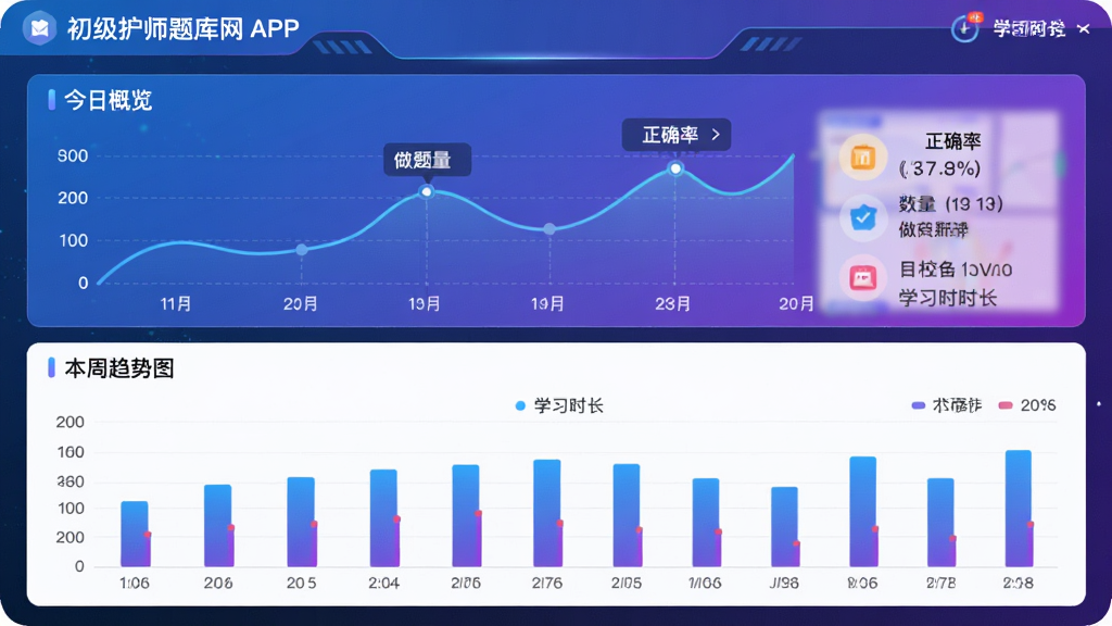 主体:初级护师题库网APP的学习数据统计界面,展示折线图和柱状图。布局:上方为今日概览,下方为本周趋势图。排版:数据可视化,图表清晰。风格:科技感蓝紫色渐变。细节:图表标注“正确率”“做题量”“学习时长”等。画质:高清,干净,无多余元素。