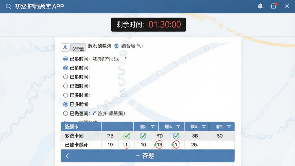 主体:初级护师题库网APP的模拟考试界面,试卷上方有倒计时。布局:答题区为单选/多选题目,底部有答题卡。排版:模拟真实考试界面。风格:严肃简洁的考试风。细节:倒计时显示“剩余时间:01:30:00”,答题卡上有已做标记。画质:高清晰度,干净,无多余元素。