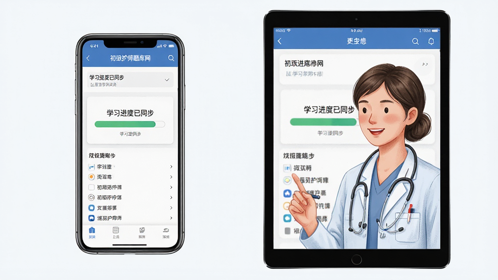 主体:初级护师题库网APP在手机和平板上同步使用的场景。布局:左侧为手机,右侧为平板,屏幕均显示题库界面。排版:对比式布局。风格:写实与插画结合。细节:屏幕上显示“学习进度已同步”字样。画质:高清,干净,无多余元素。
