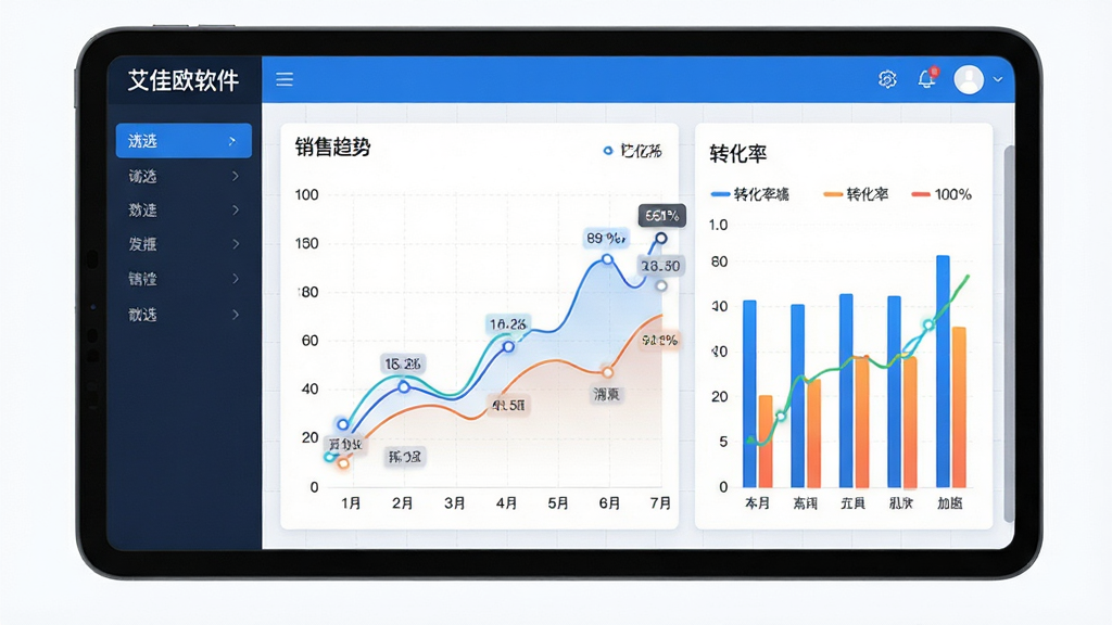 主体:艾佳欧软件的智能数据看板功能界面,屏幕上展示彩色折线图和柱状图,标注“销售趋势”“转化率”等文字。布局:平板设备横屏展示,图表占据屏幕主体,左侧有筛选菜单。排版:图表线条流畅,数据标签清晰。风格:商务简约,蓝白主色调。细节:数据点有高亮,背景有细微网格。画质:高清,干净无多余元素。