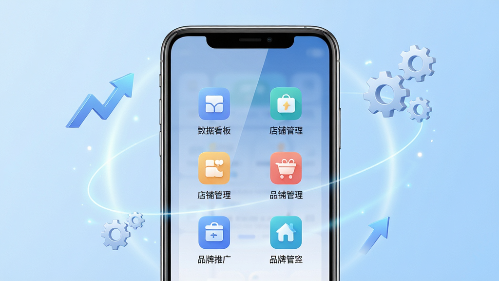 主体:艾佳欧品牌运营管理软件的主界面展示,一部智能手机屏幕内呈现清晰的功能模块图标,包括数据看板、店铺管理、品牌推广等。布局:手机居中,背景为浅蓝色渐变,周围有微光效和悬浮的运营元素(如增长箭头、齿轮图标)。排版:界面图标排列整齐,配以简洁的白色文字标签。风格:现代科技风,明亮通透。细节:屏幕反光自然,图标精致,色彩和谐。画质:高清渲染,干净无多余元素。