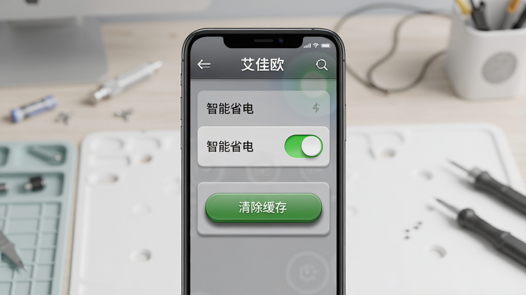 主体:手机屏幕显示艾佳欧设置页面,有“智能省电”开关和“清除缓存”按钮。布局:手机居中,背景为简洁工作台。排版:设置选项清晰排列。风格:拟物化风格。细节:开关为绿色,按钮有阴影。画质:高清,干净无多余元素。