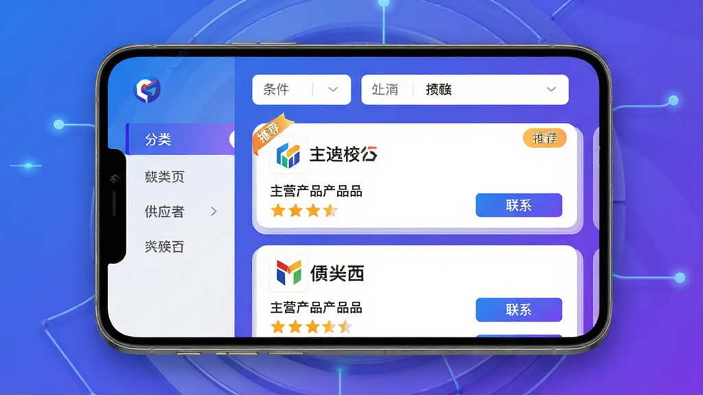 ���壺Ӧ�ý���չʾ����ƥ����ҳ�棬�Ϸ���ɸѡ���������·���ƥ��Ĺ�Ӧ���б������֣��ֻ���Ļ���У�����з���˵����Ҳ��й�Ӧ�̿�Ƭ���Ű棺�б����ÿ�Ƭʽ���֣���Ƭ���й�˾logo����Ӫ��Ʒ�����ֺ͡���ϵ����ť���������Ƽ��У�����ɫ���䱳��������Ԫ�����塣ϸ�ڣ�ƥ�������С��Ƽ�����ǩ����Ӧ����Ϣ���������ʣ����壬�ɾ����޶���Ԫ�ء�
