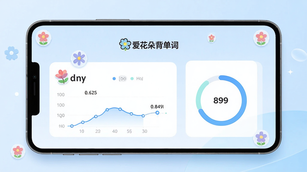 画面主体为“爱花朵背单词”软件界面展示,居中构图,界面显示单词卡片、记忆曲线图和进度环,背景为淡蓝色渐变,整体风格清新简约,UI设计现代,细节处有花朵图标点缀,画质高清,干净无多余元素