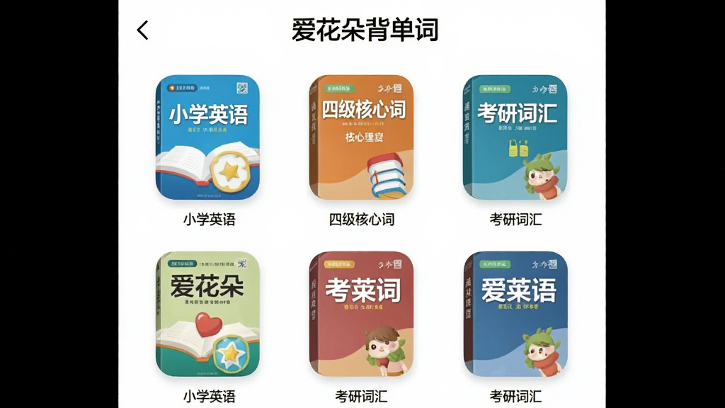 画面主体为“爱花朵背单词”词库选择界面,屏幕显示多本教材封面图标,包括“小学英语”“四级核心词”“考研词汇”等,背景为白色,排版整齐,图标圆润,画质清晰,干净无多余元素
