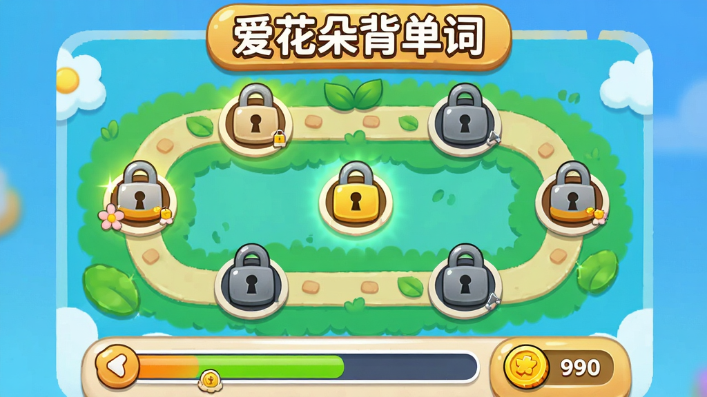 画面主体为“爱花朵背单词”闯关地图界面,地图上有多个关卡节点,部分已解锁部分锁定,底部有进度条和金币奖励,整体风格卡通活泼,色彩明亮,画质清晰,干净无多余元素