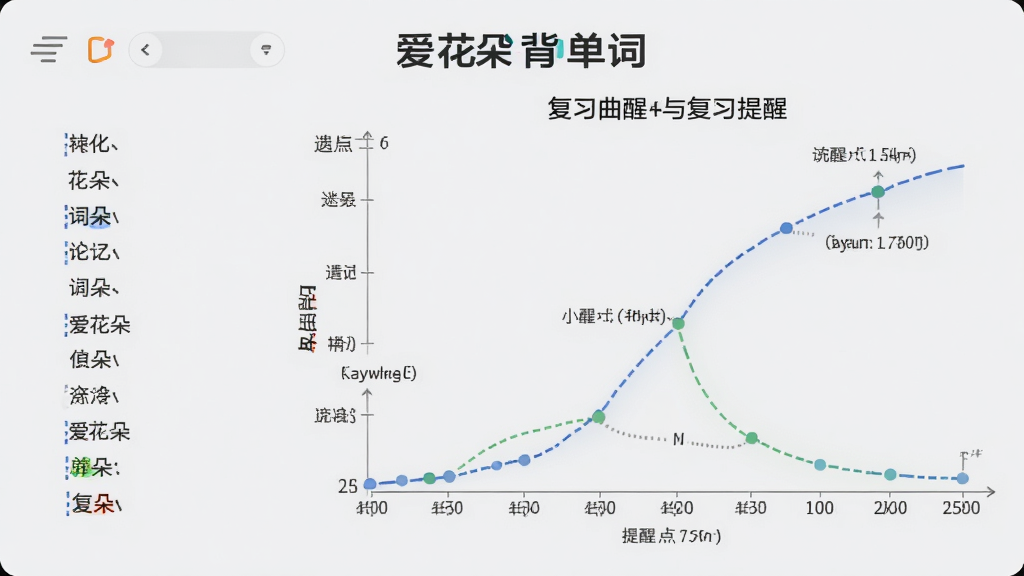 画面主体为“爱花朵背单词”的记忆曲线图表,左侧列出单词列表,右侧显示遗忘曲线与复习提醒点,背景为浅灰色,简洁商务风格,图表数据清晰,画质高,干净无多余元素