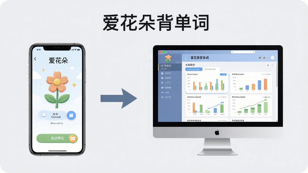 画面主体为“爱花朵背单词”使用教程示意图,左侧手机屏幕显示学习界面,右侧为电脑窗口展示数据同步,中间用箭头连接,背景淡灰色,排版清晰,风格简洁,画质高,干净无多余元素