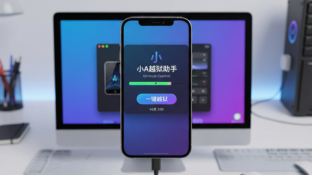 主体:小A越狱助手主界面展示,一台iPhone连接电脑,屏幕显示越狱进度条。布局:前景为电脑屏幕上的软件界面,背景为简洁工作台。排版:居中构图,软件界面清晰展示“一键越狱”按钮。风格:现代科技感,蓝紫色渐变色调。细节:软件界面显示“小A越狱助手”字样及设备连接状态。画质:高清渲染,干净无多余元素。