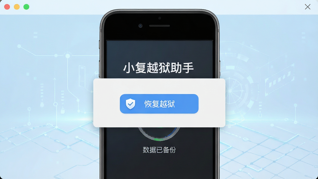 主体:小A越狱助手恢复越狱功能操作。布局:软件界面显示“恢复越狱”按钮,手机屏幕显示正在还原。排版:中心构图,背景为淡蓝色科技网格。风格:简洁专业。细节:按钮旁有盾牌图标,界面提示“数据已备份”。画质:高清,干净无多余元素。