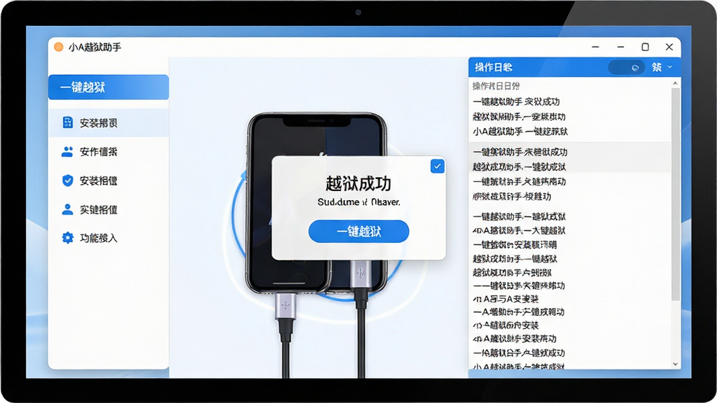 主体:小A越狱助手一键越狱操作界面。布局:电脑屏幕显示软件主界面,手机连接数据线,界面弹出“越狱成功”提示。排版:左右分布,左侧为软件功能列表,右侧为操作日志。风格:清爽简约,蓝白配色。细节:按钮高亮显示“一键越狱”,日志框滚动输出安装步骤。画质:细腻清晰,无多余元素。