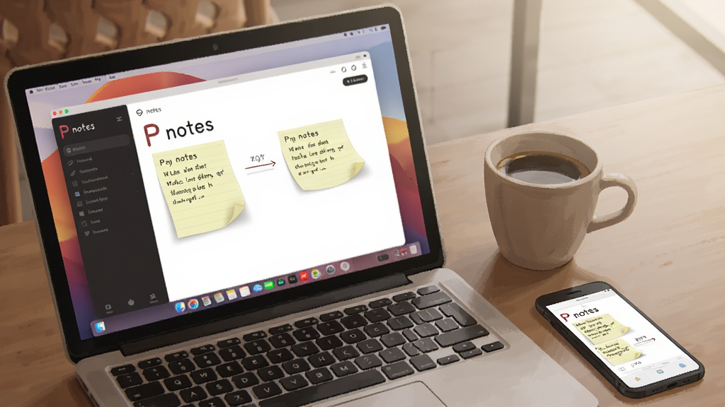 һ��Pnotesʹ�ó����Ĳ�ͼ��������һ̨�ʼǱ���������ʾPnotes���棬�Ա߷���һ�����Ⱥ��ֻ����ֻ���Ļ��Ҳ��ʾ��ͬ�ı�ǩ���ݣ����ֶ��ͬ����������дʵ��������ͣ�������Ȼ�������������޶���Ԫ��