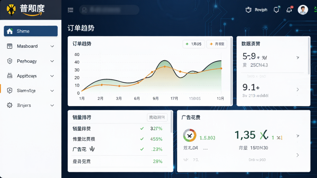 普兰度亚马逊卖家助理大黄蜂版主界面展示,深蓝色科技感背景,左侧功能导航栏,中央数据看板,显示订单趋势图、销量排行、广告花费等核心指标,整体布局简洁清晰,扁平化设计风格,细节精致,画质高清,干净无多余元素