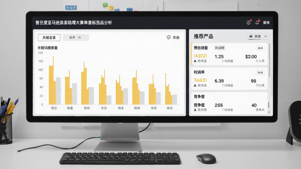 普兰度亚马逊卖家助理大黄蜂版选品分析界面,屏幕左侧显示关键词搜索量柱状图,右侧展示推荐产品列表,包含预估销量、利润率、竞争度等字段,背景为浅灰色工作台,数据字体清晰,科技感UI,扁平化设计,画质干净,无多余元素