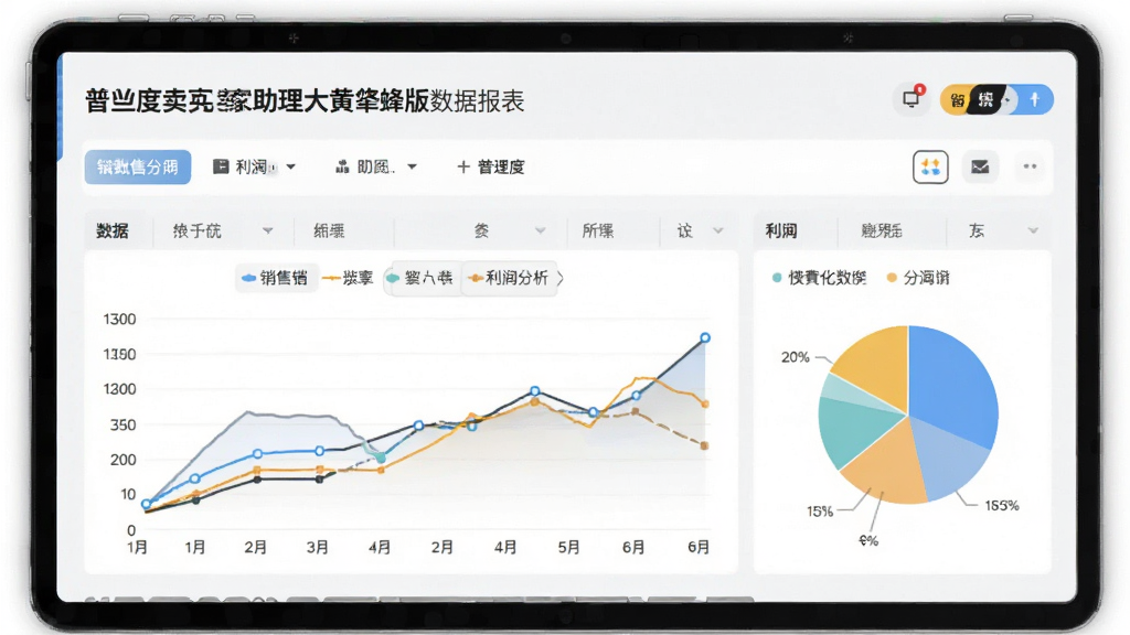 普兰度亚马逊卖家助理大黄蜂版数据报表页面,表格展示销售数据与利润分析,包含折线图与饼图,背景干净明亮,现代商务风格,界面友好,细节丰富,画质高清,无多余元素