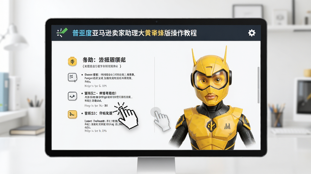 普兰度亚马逊卖家助理大黄蜂版操作教程界面,屏幕上显示步骤指引,配有鼠标点击动画,背景干净明亮,教学风格,界面简洁,画质高清,无多余元素