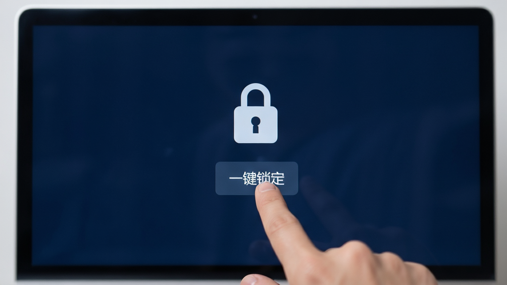 一个手指点击电脑屏幕上的“一键锁定”按钮,屏幕呈现锁定状态,背景为深蓝色,界面居中,布局简洁,风格现代,细节清晰,画质干净,无多余元素