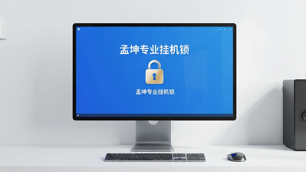 一张现代简约风格的电脑桌面场景,屏幕显示“孟坤专业挂机锁”锁定界面,带有安全锁图标和蓝色背景,界面居中,布局清晰,风格简洁,细节高光,画质干净,无多余元素