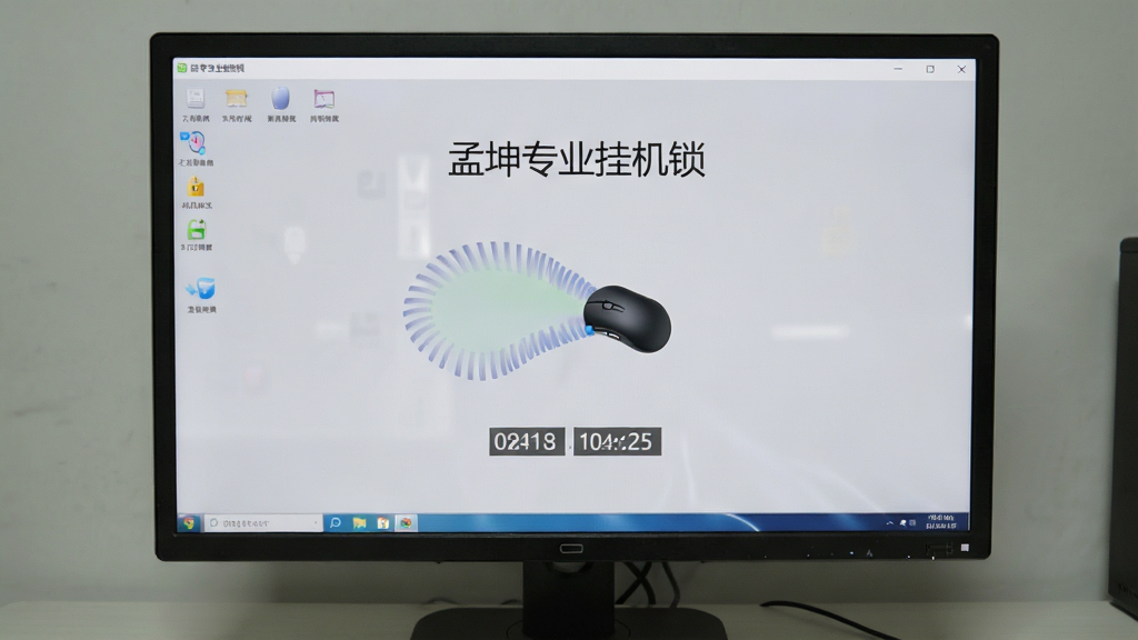 电脑屏幕上显示“孟坤专业挂机锁”挂机模式界面,带有模拟鼠标移动的轨迹和计时器,背景为浅灰色,布局居中,风格简洁,细节丰富,画质干净,无多余元素