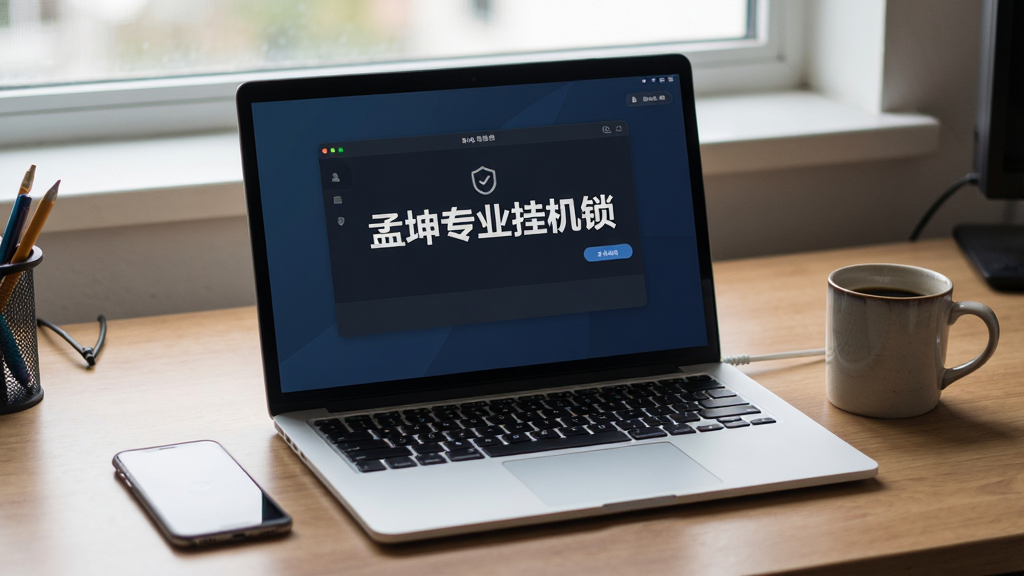 电脑桌上摆放一台笔记本电脑,屏幕显示“孟坤专业挂机锁”主界面,旁边有手机和咖啡杯,整体布局自然,风格写实,细节真实,画质清晰,无多余元素