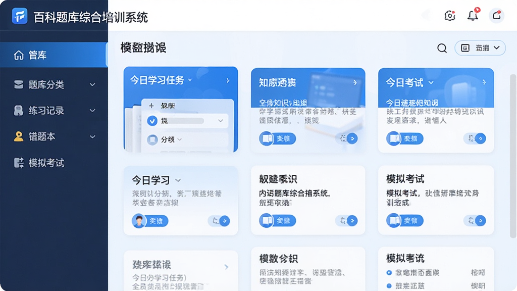 百科题库综合培训系统主界面展示,左侧导航栏清晰列出题库分类、练习记录、错题本、模拟考试等模块,中央区域显示今日学习任务与知识卡片,整体采用蓝色科技感风格,布局规整,界面干净明亮,画质清晰,无多余元素