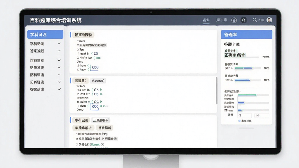 百科题库综合培训系统的题库浏览页面,屏幕上显示多道选择题与答案解析,左侧有学科筛选标签,右侧显示答题卡与正确率统计,设计风格简洁现代,排版清晰,画质细腻,无多余元素