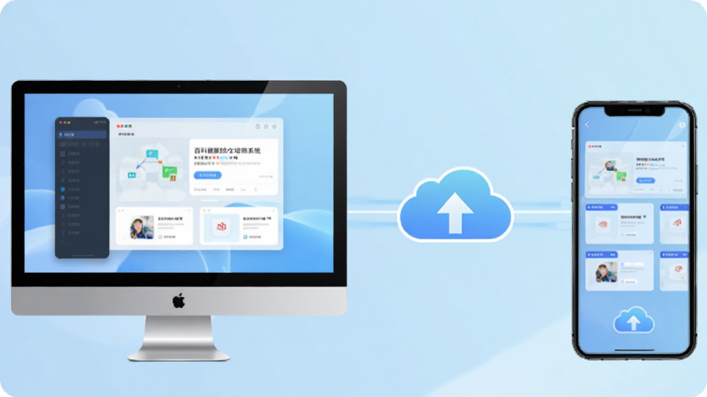 百科题库综合培训系统多端同步示意图,左侧是电脑屏幕,右侧是手机屏幕,两者通过云朵图标连接,背景为淡蓝色渐变,风格现代科技感,画面简洁干净,无多余元素