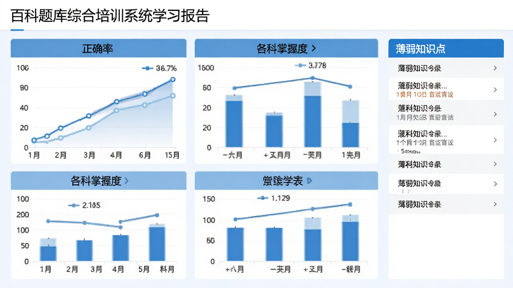 百科题库综合培训系统学习报告页面,展示折线图与柱状图,分别显示正确率与各科掌握度,页面右侧有薄弱知识点列表,整体配色以蓝白为主,图表清晰易读,画质高清,无多余元素