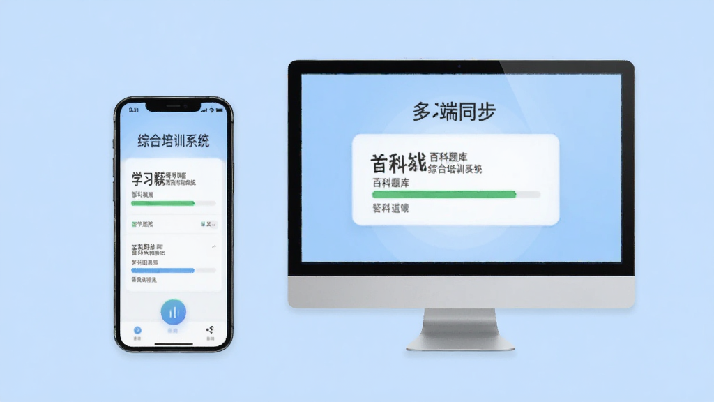 百科题库综合培训系统在手机与电脑上同时运行,屏幕显示相同的学习进度,背景为浅蓝色,突出多端同步概念,画面干净整洁,无多余元素
