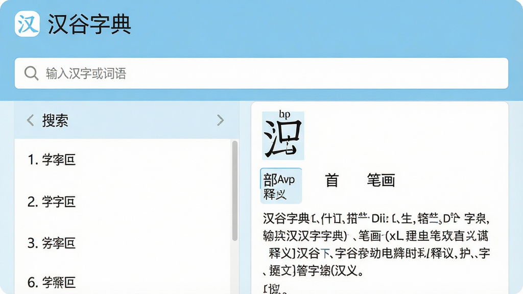主体:汉谷字典软件界面展示,左侧为搜索栏和字词列表,右侧为详细释义面板,界面简洁清晰。布局:上下结构,顶部为软件名称“汉谷字典”Logo,中间为搜索框,下方为内容展示区。排版:现代扁平化设计,字体清晰,行距适中,色彩以浅蓝和白色为主。风格:专业、严谨、亲民。细节:搜索框内有“输入汉字或词语”提示文字,释义面板显示“汉”字的拼音、部首、笔画、释义等。画质:高清,干净,无多余元素。