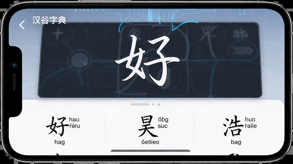 主体:汉谷字典的智能查询功能演示,手机屏幕上显示手写输入板和一个“好”字的搜索结果。布局:上半部分为手写输入区域,下半部分为结果列表。排版:简洁直观,手写板线条流畅。风格:科技感、便捷。细节:手写板上写有“好”字,下方列出“好”“昊”“浩”等候选字,并标注拼音。画质:高清,无多余元素。