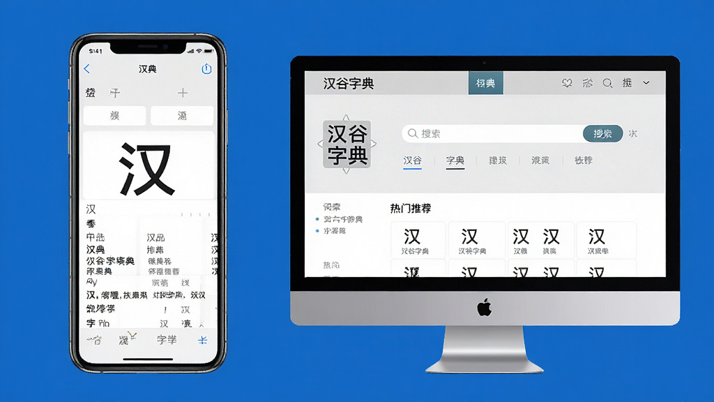 主体:手机和电脑并排展示汉谷字典的界面,手机屏幕显示查询“汉”字的结果,电脑屏幕显示词典首页。布局:左侧为手机,右侧为电脑,背景为纯色。排版:对比鲜明,突出多端适配。风格:现代化、简洁。细节:手机界面显示拼音、释义,电脑界面显示搜索框和热门推荐。画质:高清,干净,无多余元素。
