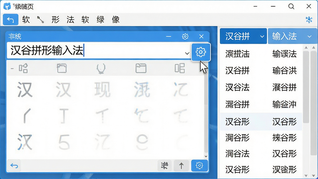 主体:汉谷拼形输入法软件界面展示。布局:左侧为输入法主窗口,右侧为候选词列表,顶部为功能菜单栏。排版:界面干净整洁,各功能区块分布合理,采用现代扁平化设计风格。风格:清新简约,色彩以蓝色和白色为主色调,彰显科技感与专业感。细节:输入框中显示“汉谷拼形输入法”字样,候选词清晰可辨,鼠标指针悬停在设置图标上。画质:高清渲染,细节丰富,干净无多余元素。