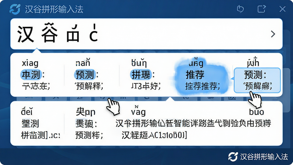 主体:汉谷拼形输入法的智能联想功能演示。布局:输入框输入部分拼音,下方弹出多个联想词条,鼠标选中一个。排版:联想词条横向排列,每个词条上标注拼音与释义。风格:简洁明快,蓝色高亮突出推荐词。细节:界面角落显示“汉谷拼形输入法”Logo,联想词条包含长句预测。画质:清晰干净,无多余元素。