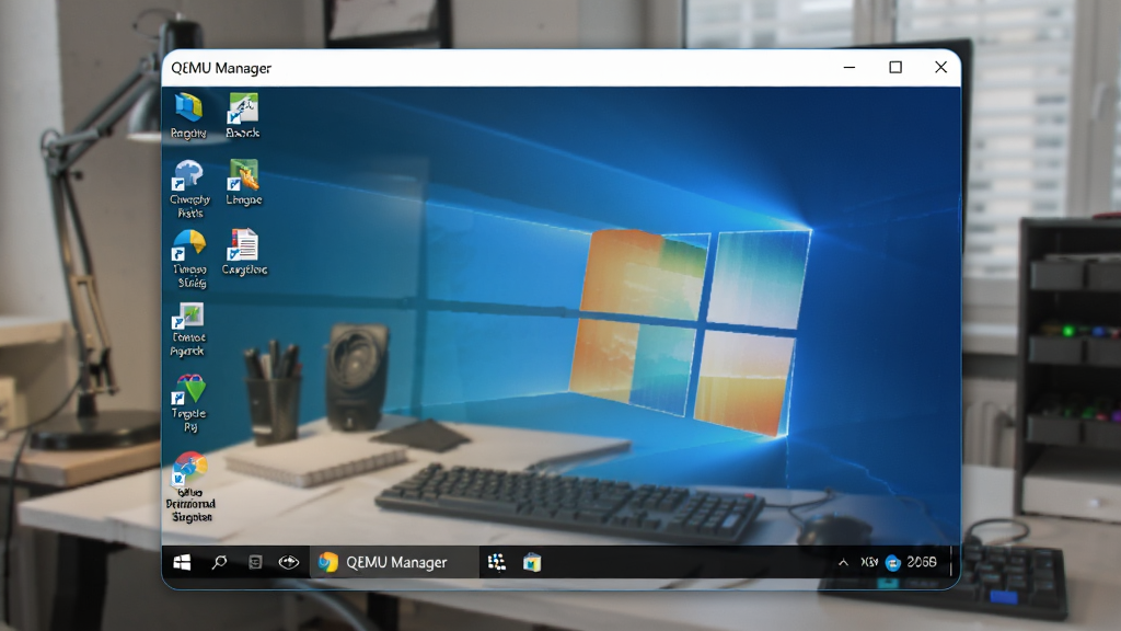 QEMU Manager 运行中的虚拟机窗口,显示 Windows 系统桌面,任务栏有多个程序图标,窗口边框圆润,背景为工作场景,细节丰富,画质干净,无多余元素